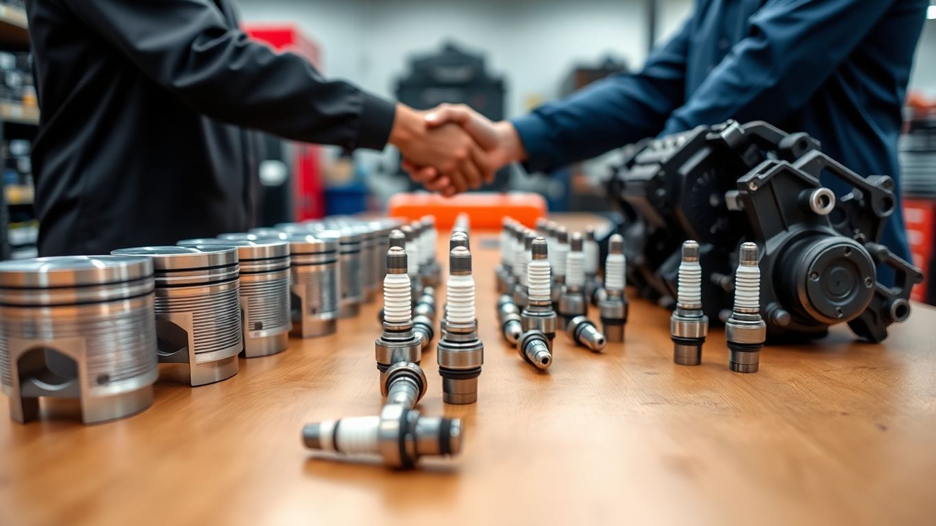 Two people shake hands over quality engine parts.