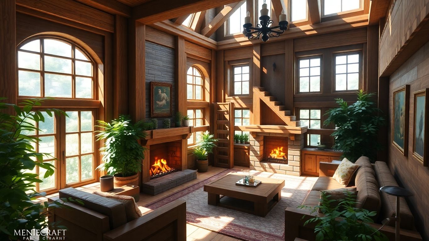 Cozy Minecraft living room interior with fireplace and wooden details.