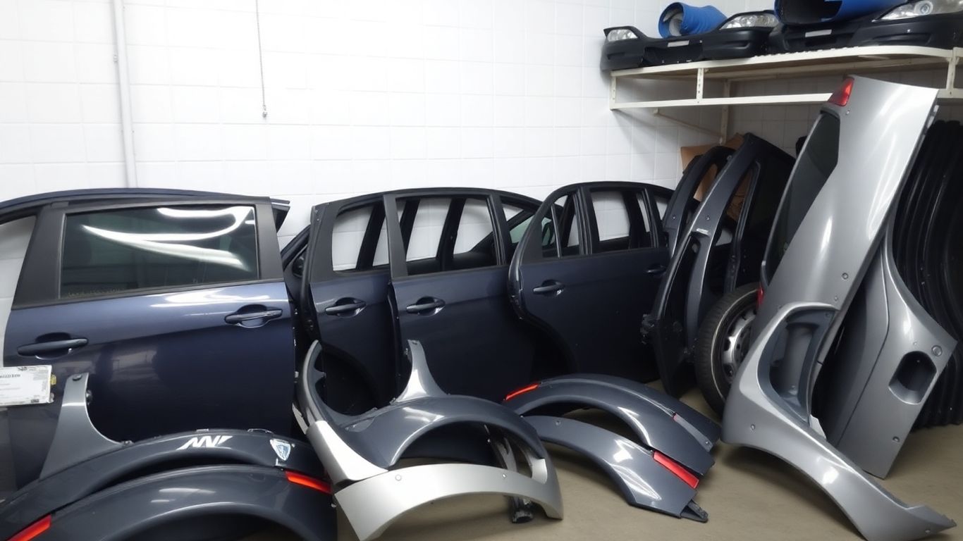 Subaru car doors, bumpers, and panels in a workshop.
