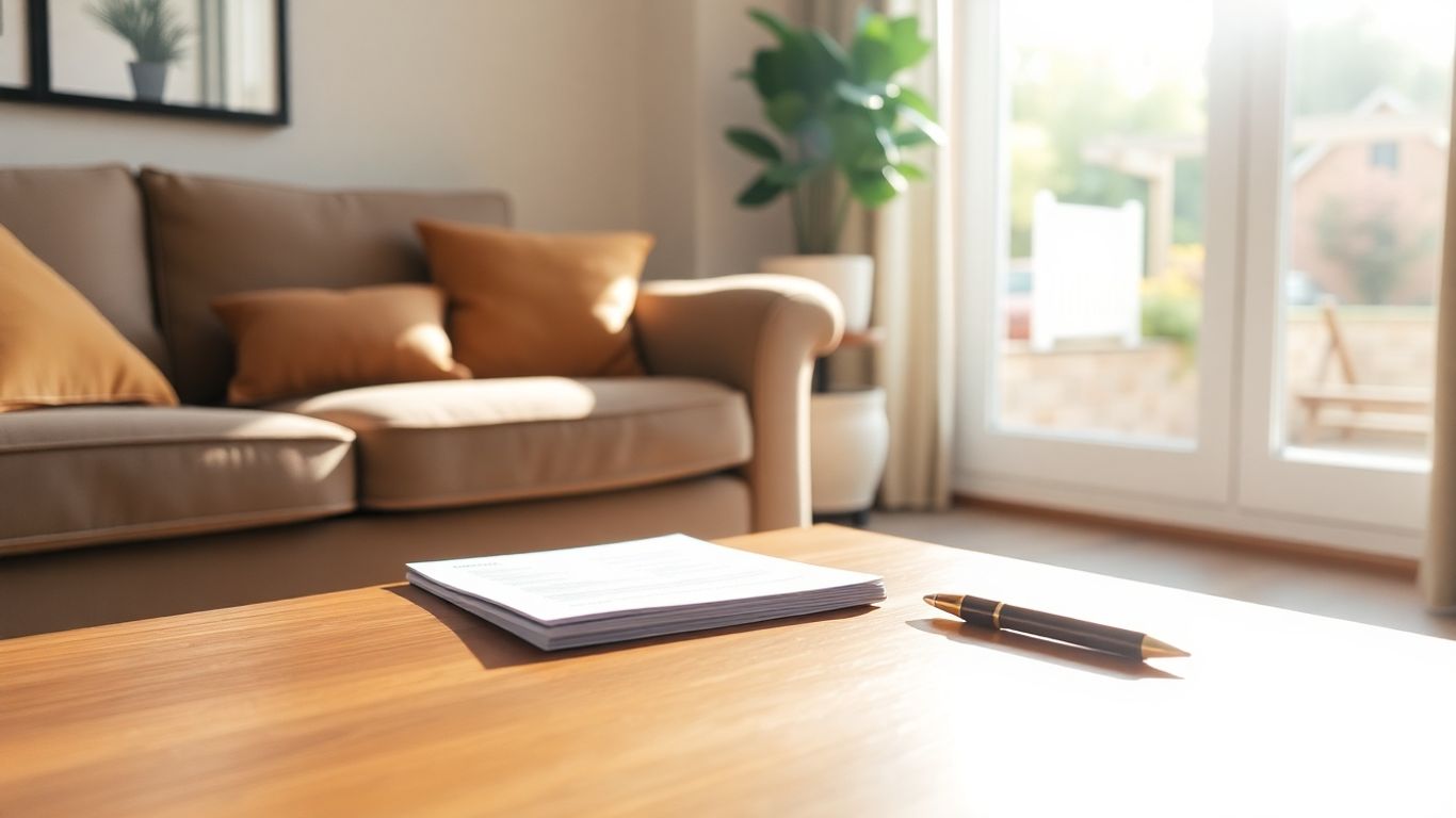 Sala de estar acogedora con documentos de seguro del hogar.