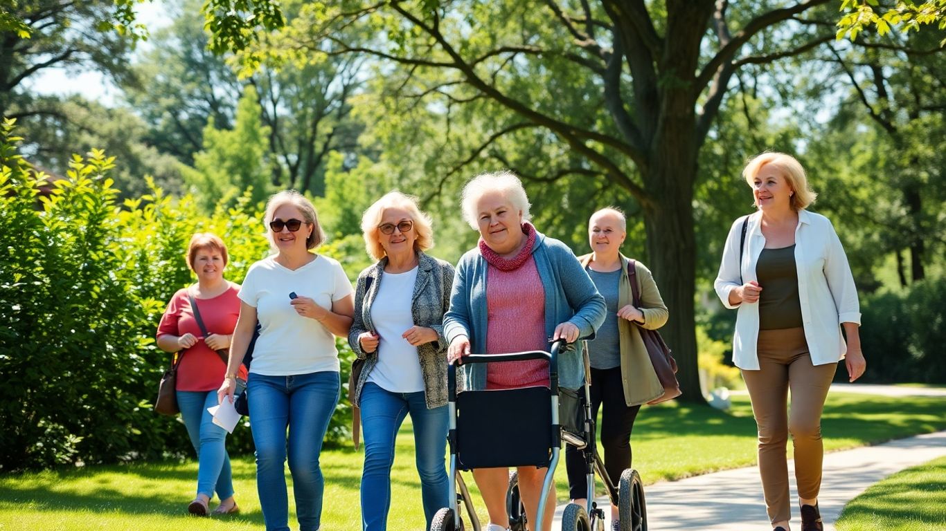 Menschen mit MS spazieren im Park, begleitet von Freunden.