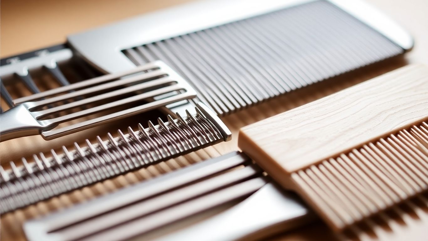 Pet grooming comb set with metal and wood handles.