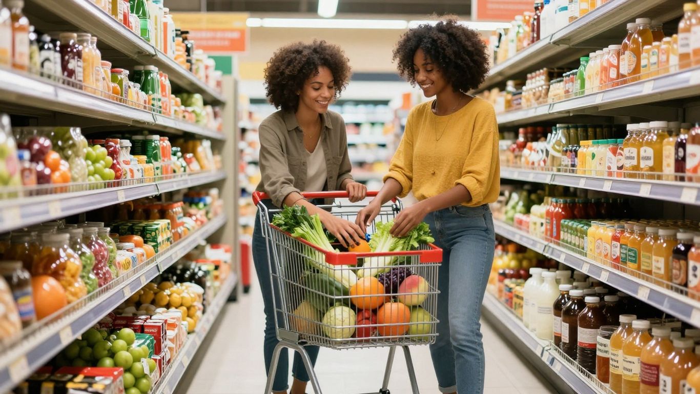 Person shopping for groceries in a well-stocked aisle.