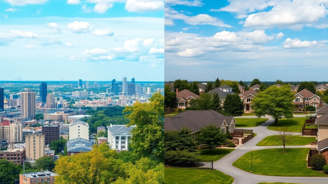 Cityscape versus suburban neighborhood comparison image.