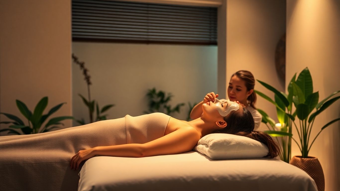 Serene spa scene with client receiving facial treatment.