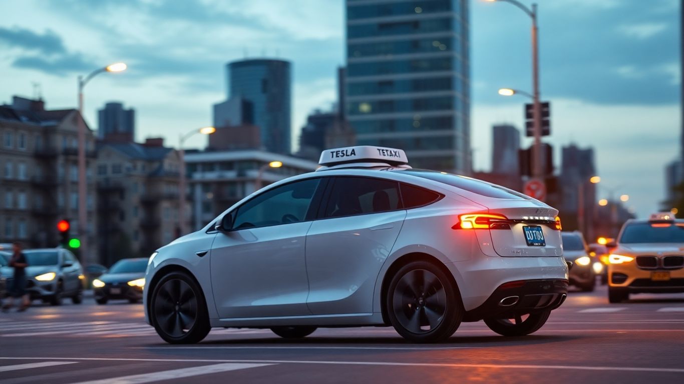 Tesla robotaxi driving on a city street.