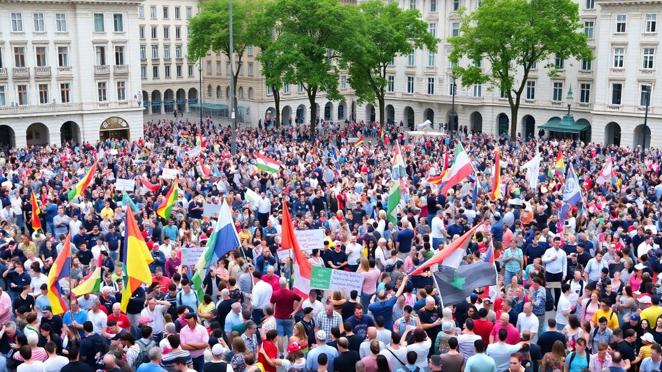 Foule nombreuse dans une place de ville avec des drapeaux.