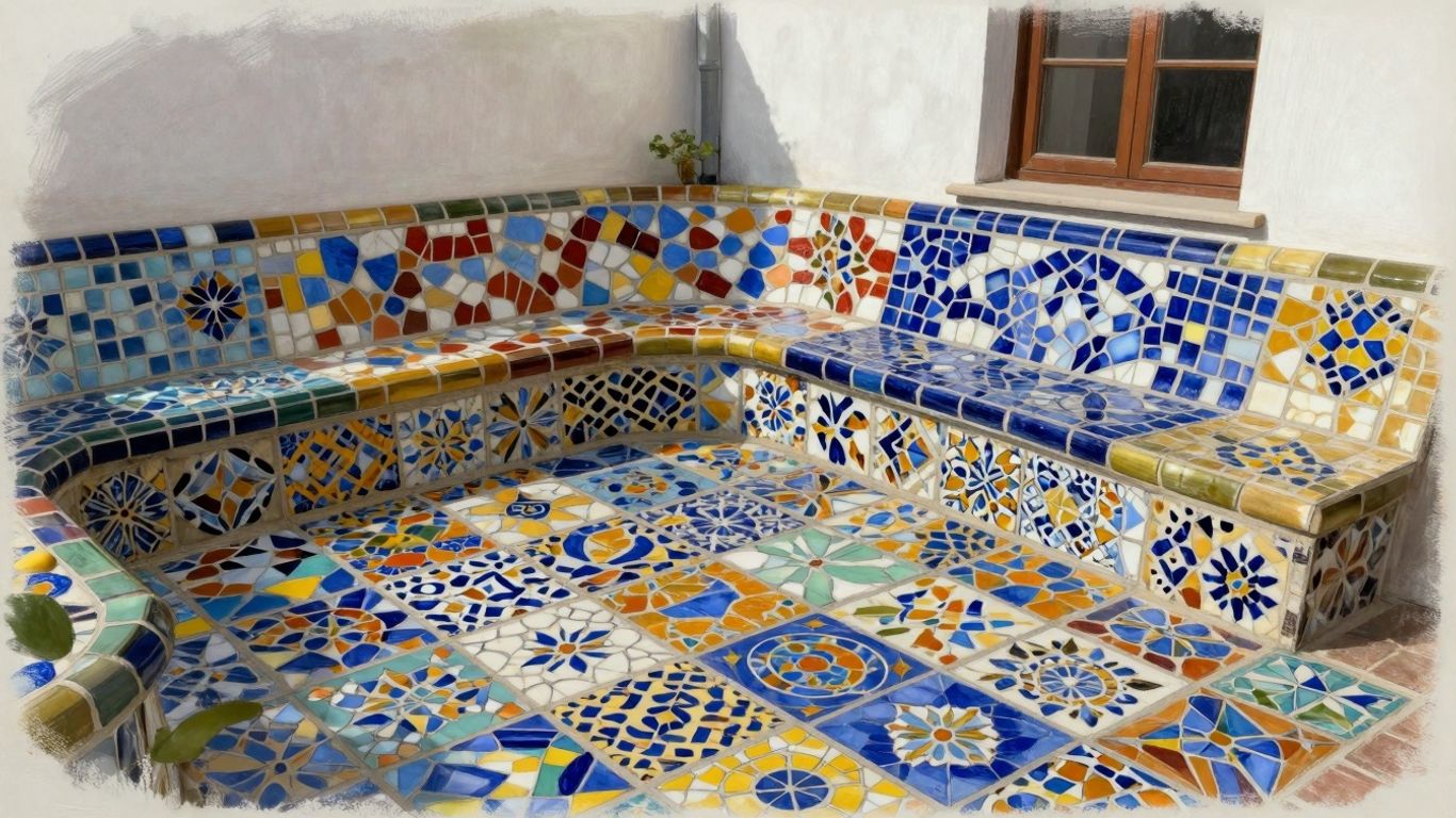 Colorful mosaic tiles on a patio floor
