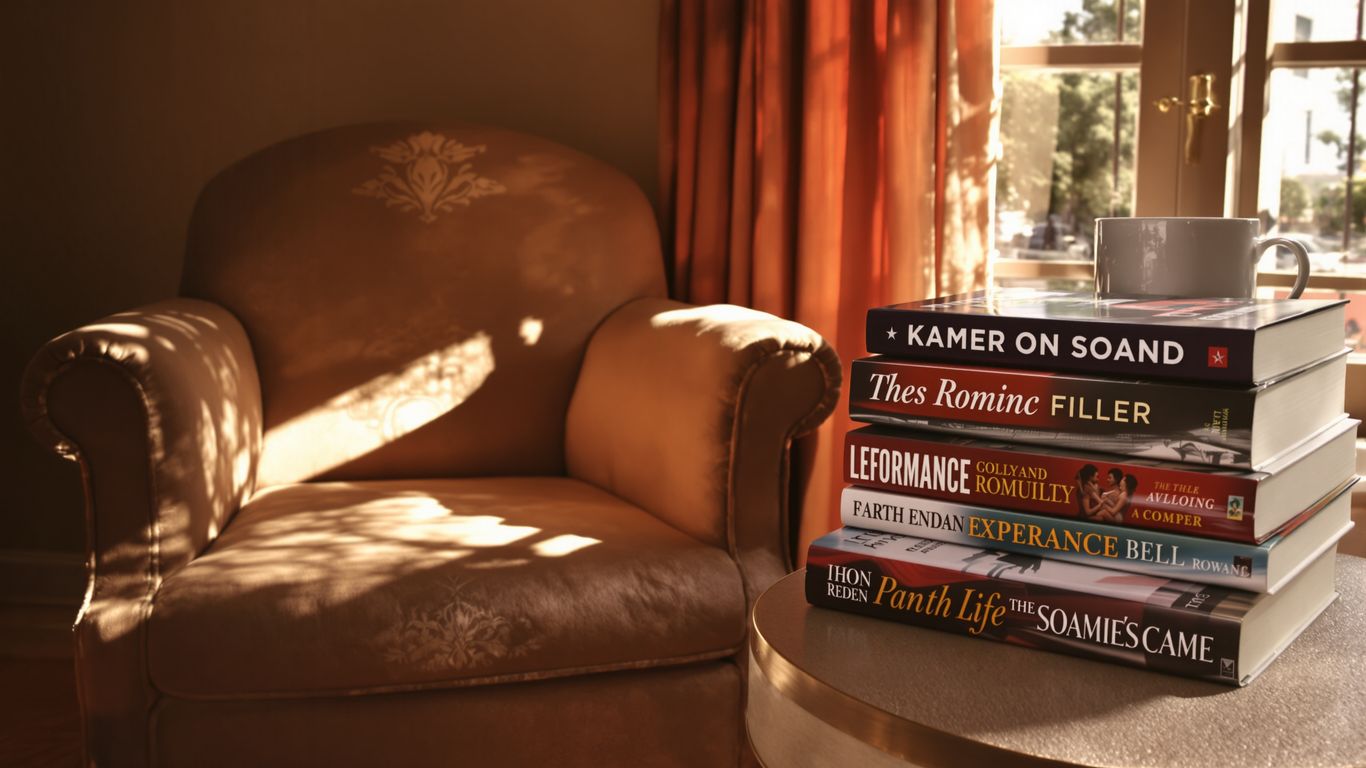 Cozy armchair with romance novels and a warm mug.