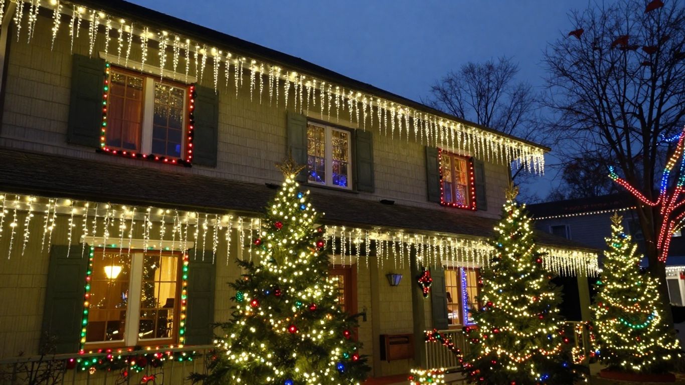Professionally installed Christmas lights on a house exterior.