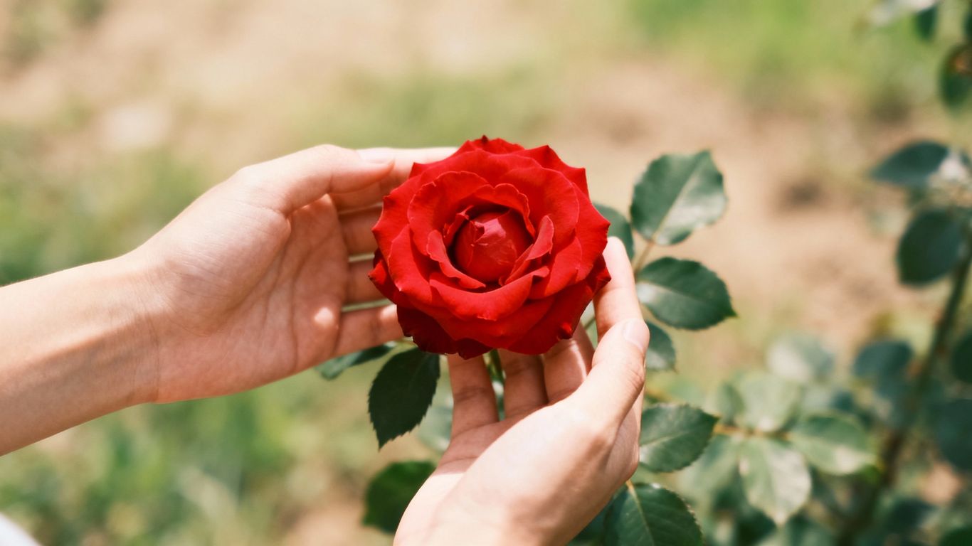 Hands holding a blooming rose, symbolizing emotional wellness.