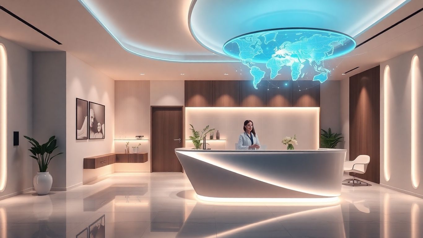 AI receptionist assisting a patient at a medical spa desk.