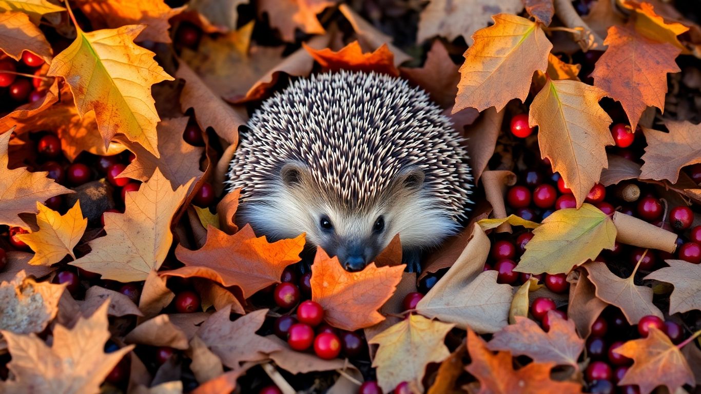 Igel im Herbstlaub mit Beeren