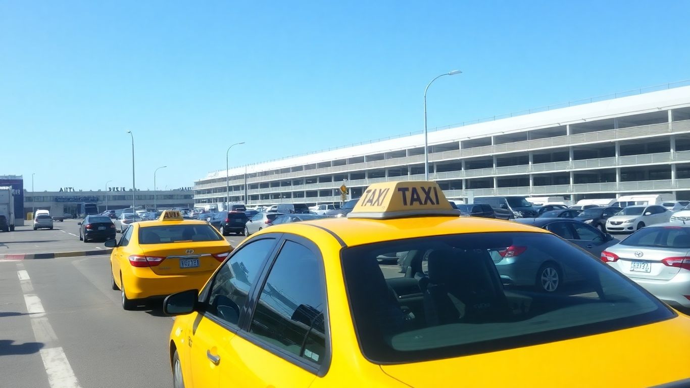 Taxi driving away from airport parking.