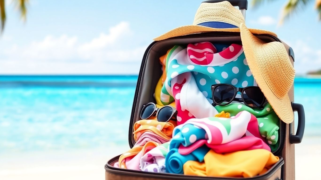 Walizka pełna letnich ubrań i akcesoriów na plaży.