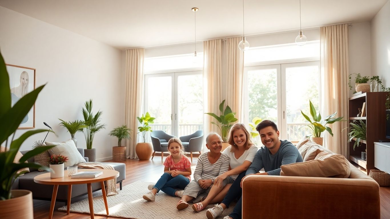 Familia feliz en sala moderna y vivienda segura