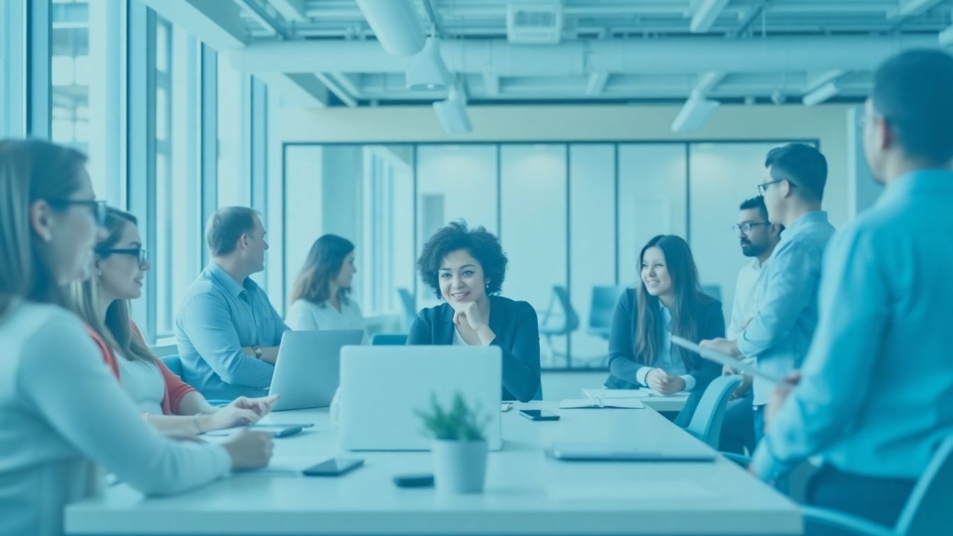 Menschen arbeiten in einem modernen Büro mit blauen Akzenten.