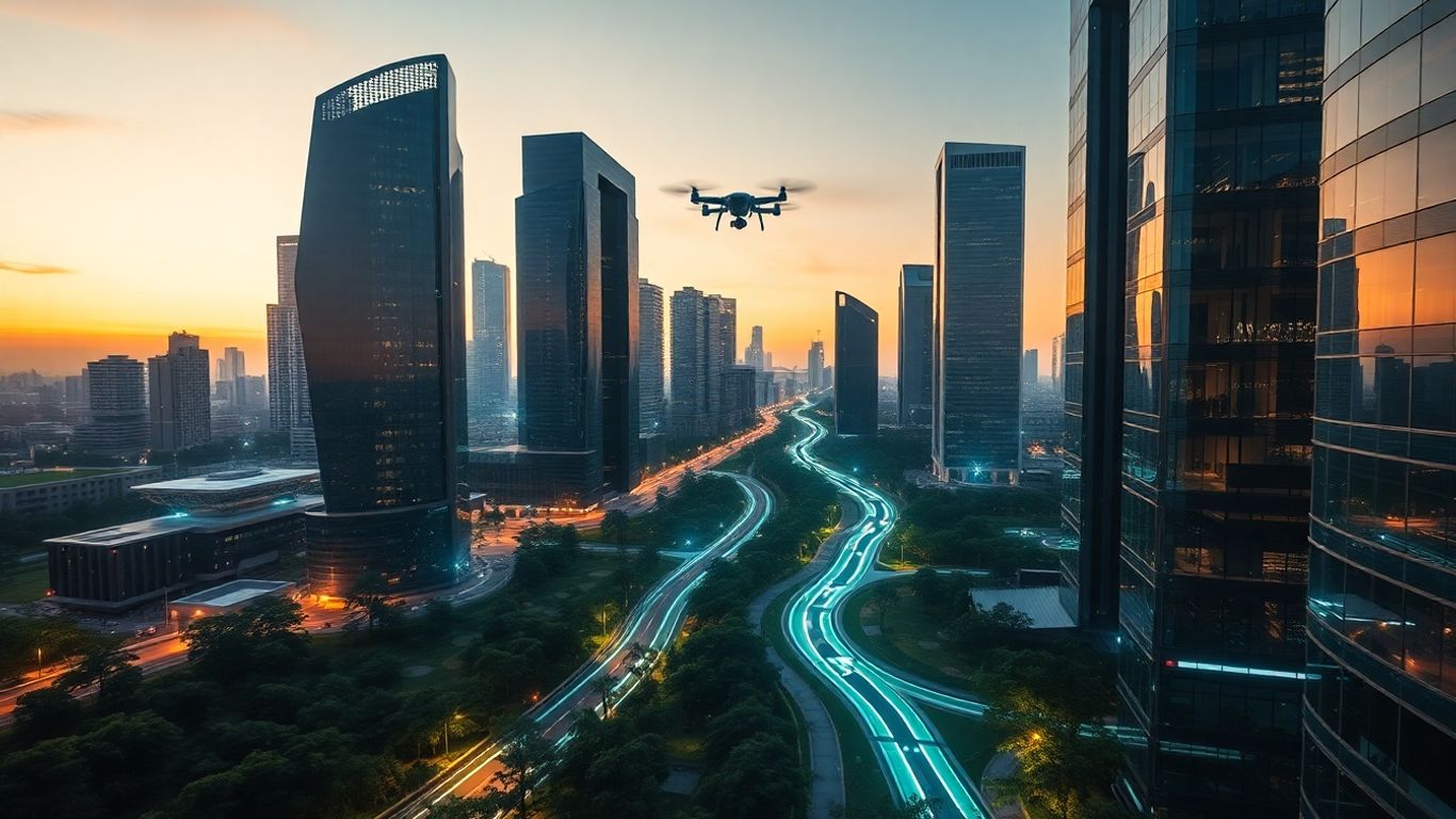 Futuristic smart city with glowing connections and drones.
