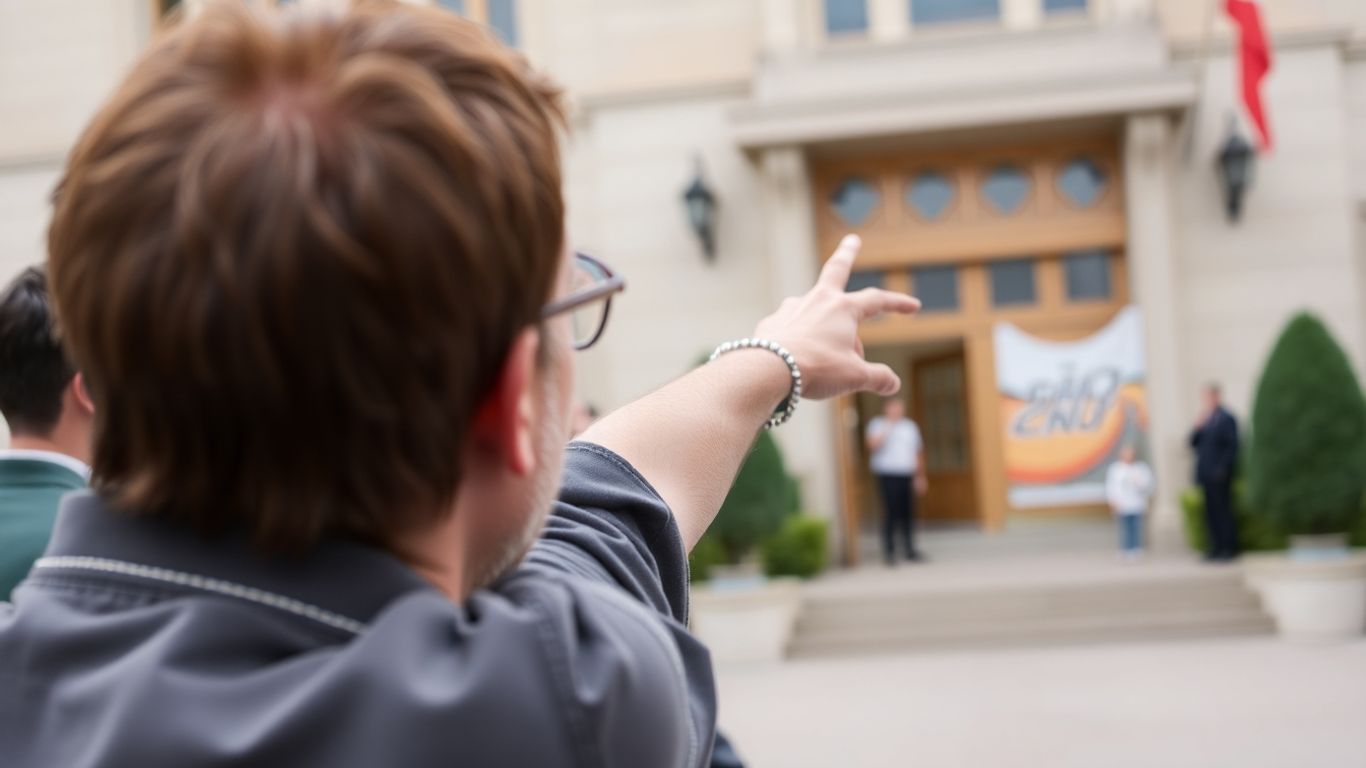 Person pointing, another person observing a building.
