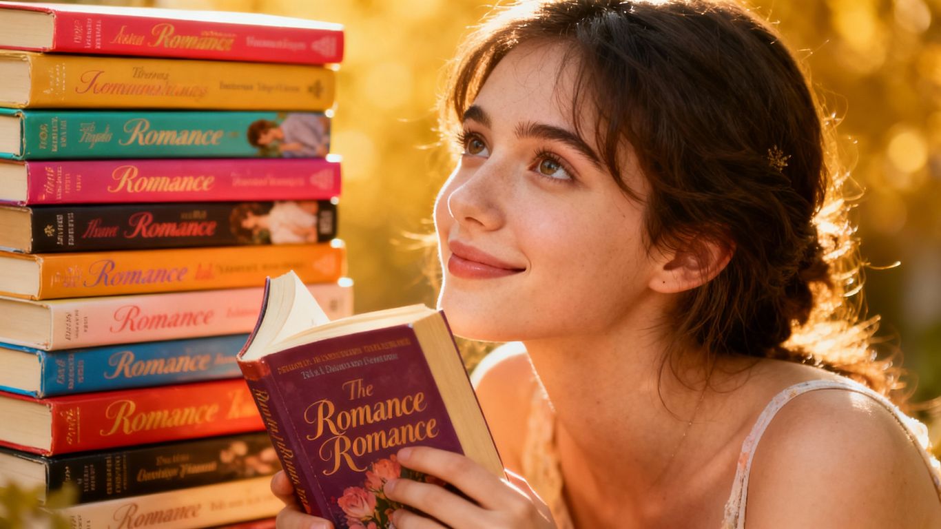 Teenage girl reading a captivating romance novel.
