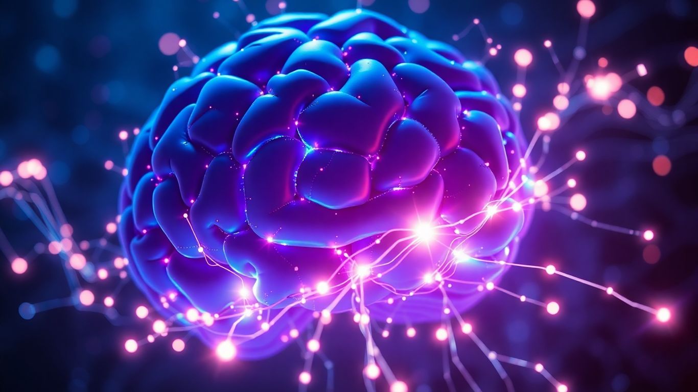 Quantum circuits and AI brain merging, futuristic technology concept.