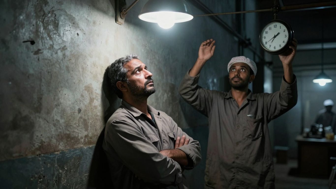 Vermoeide werker in fabriek, klok laat nacht zien.