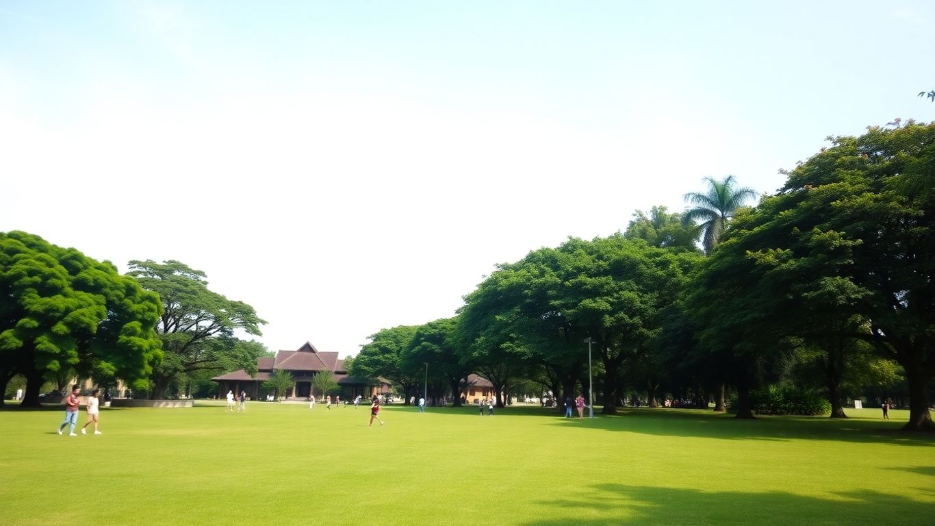 Taman hijau luas dengan pepohonan rindang dan langit biru.