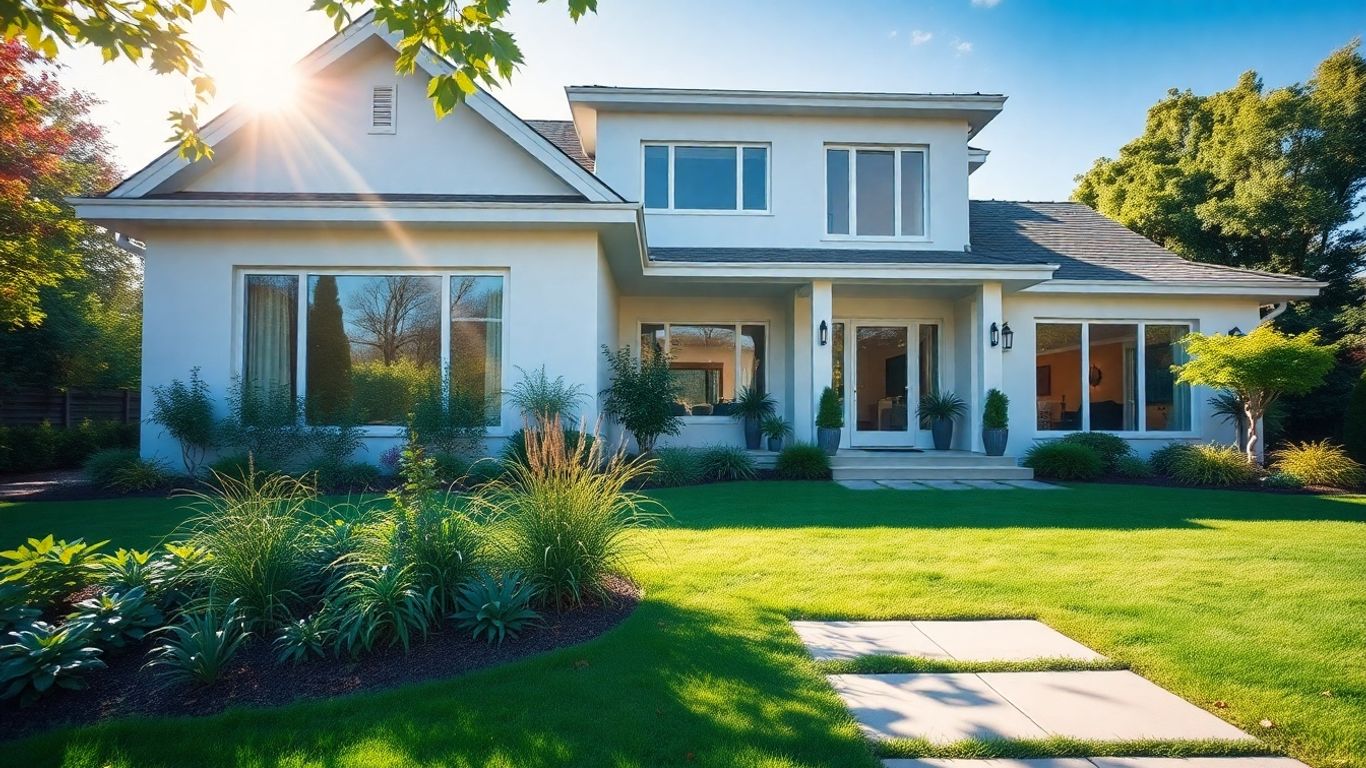 Maison moderne avec jardin ensoleillé.