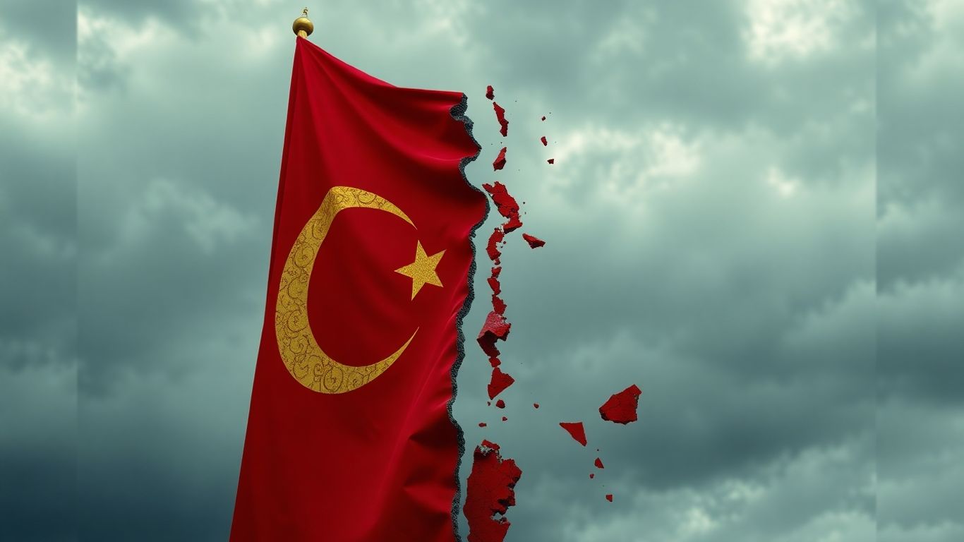 Torn Turkish flag with golden and fragmented sides.