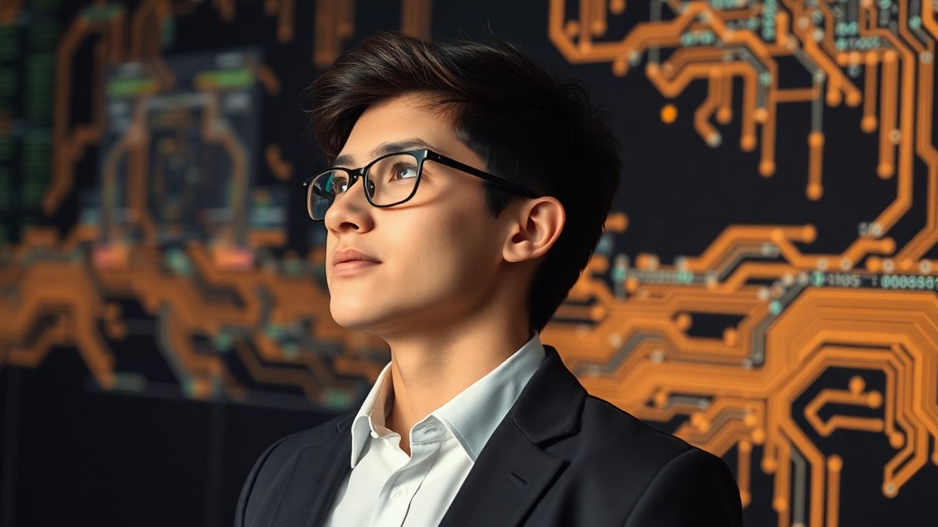 Jovem programador em ambiente de tecnologia moderno.