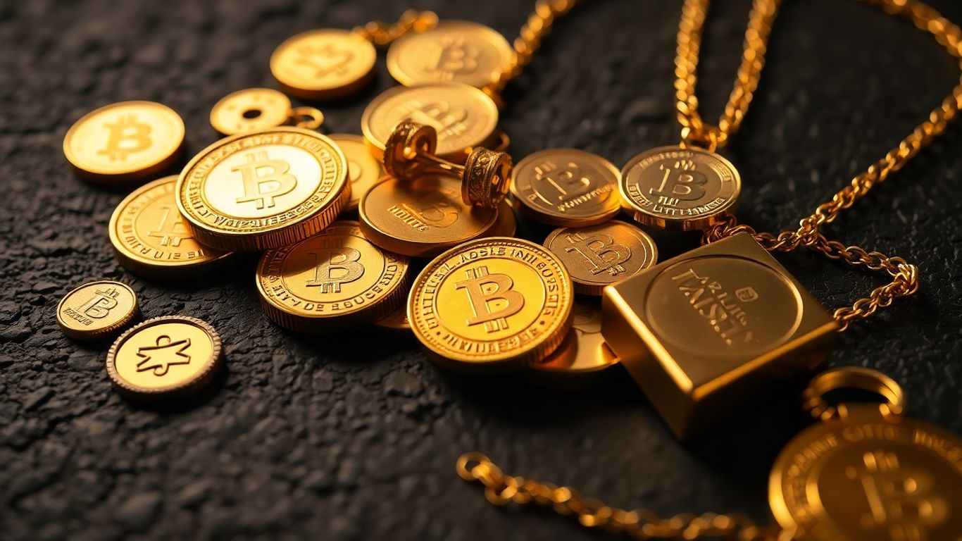 深色背景上的金器、珠宝和金条。