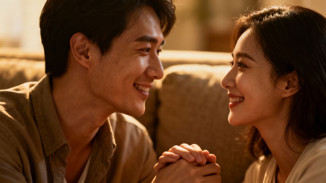 Couple holding hands, looking at each other intimately.