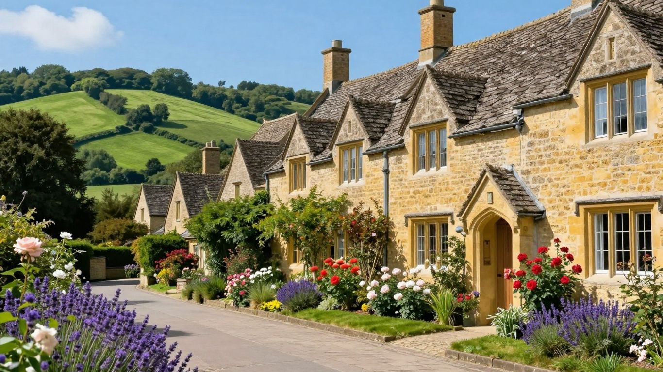 Bloeiende bloementuin bij een stenen huis in de Cotswolds.