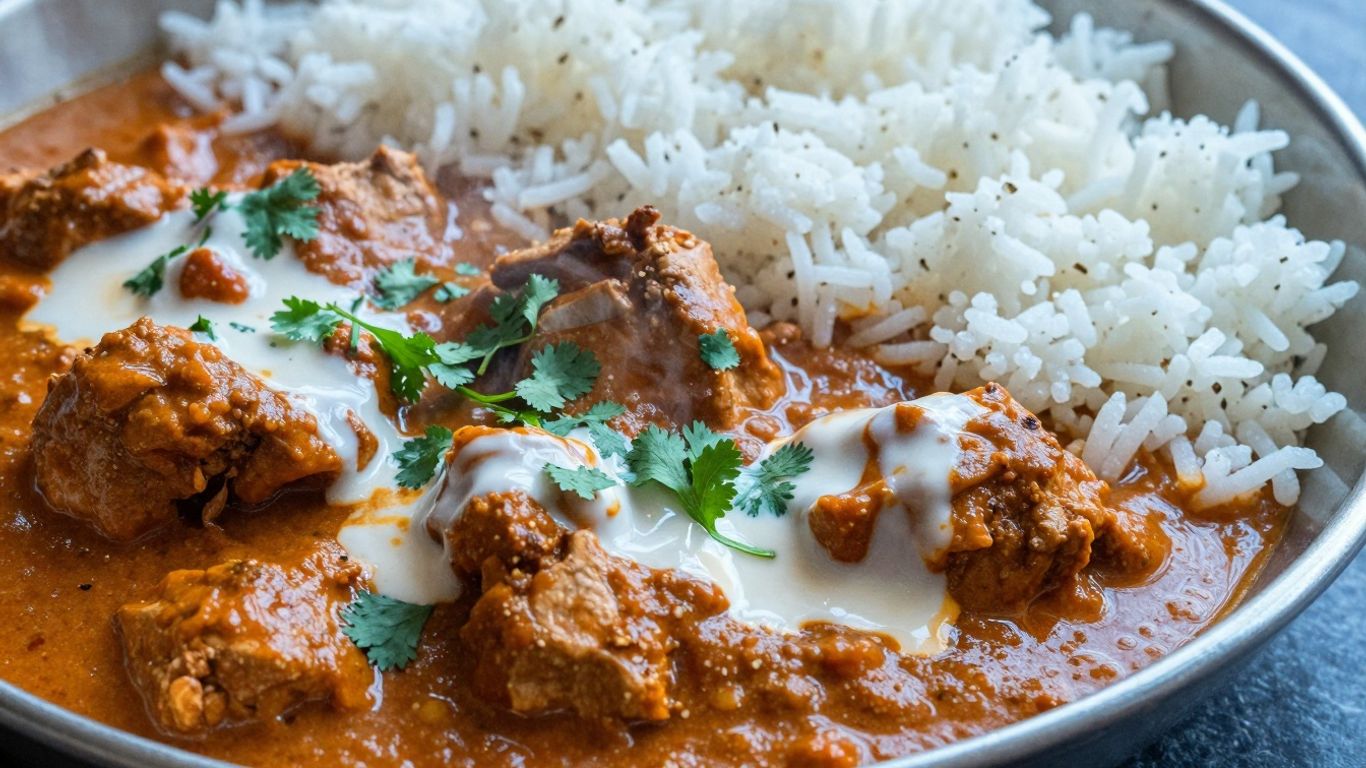 Delicious butter chicken in a bowl with rice and cilantro.