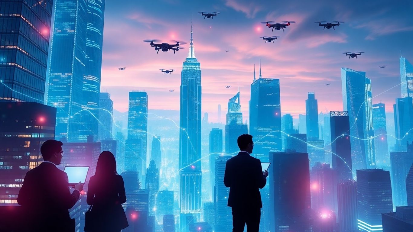 Oraș digital futurist cu conexiuni luminoase și oameni interacționând.