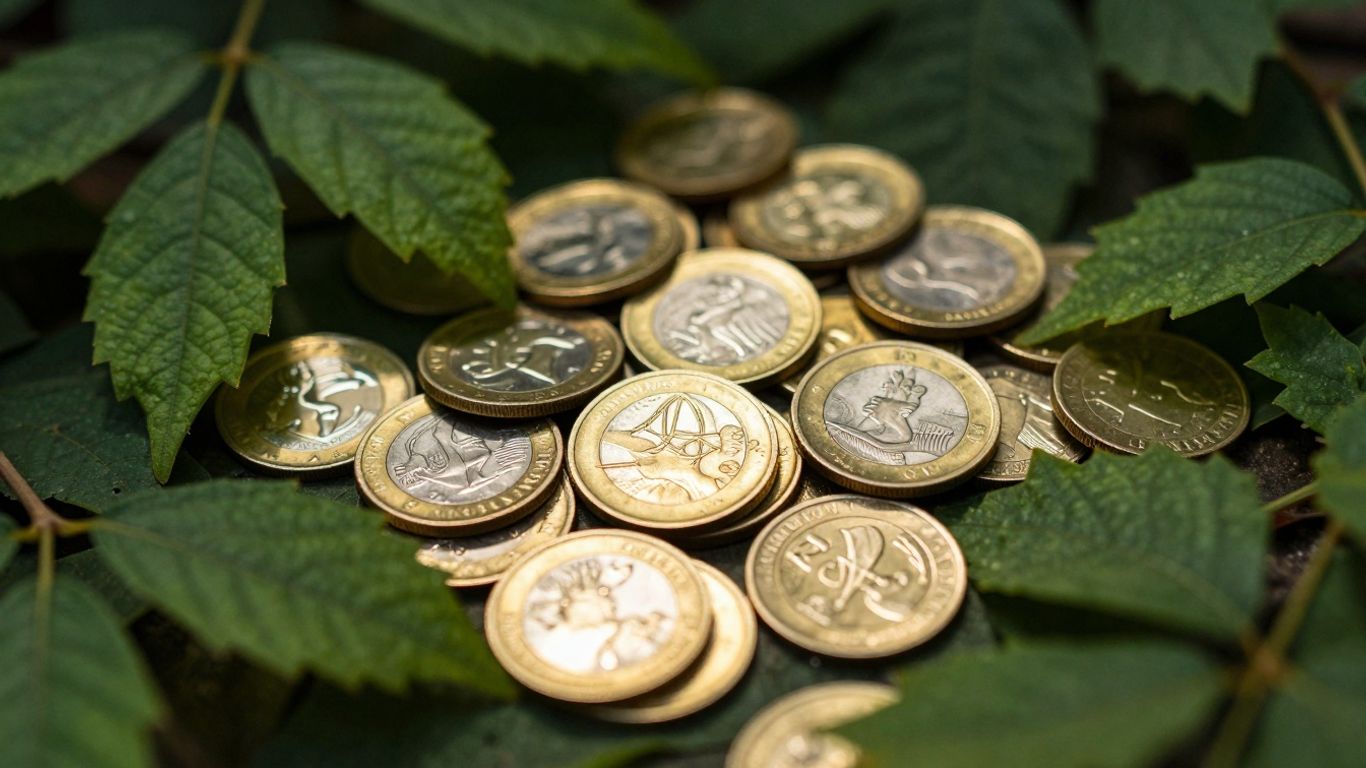 Monedas de oro y hojas verdes del bosque, una mezcla de riqueza y naturaleza.