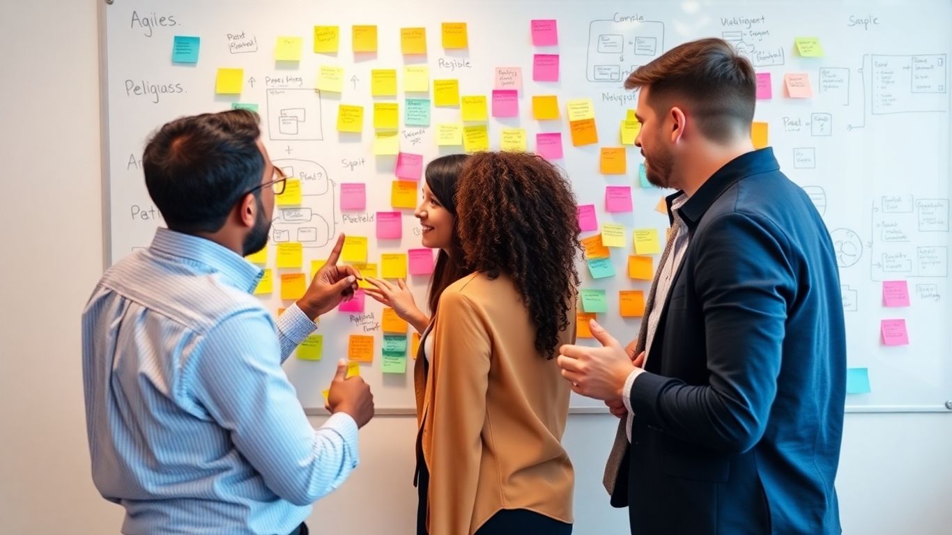 Team collaborating with sticky notes on whiteboard