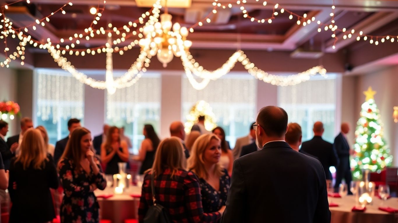 Festive Dallas Christmas party venue with lights and decorations.