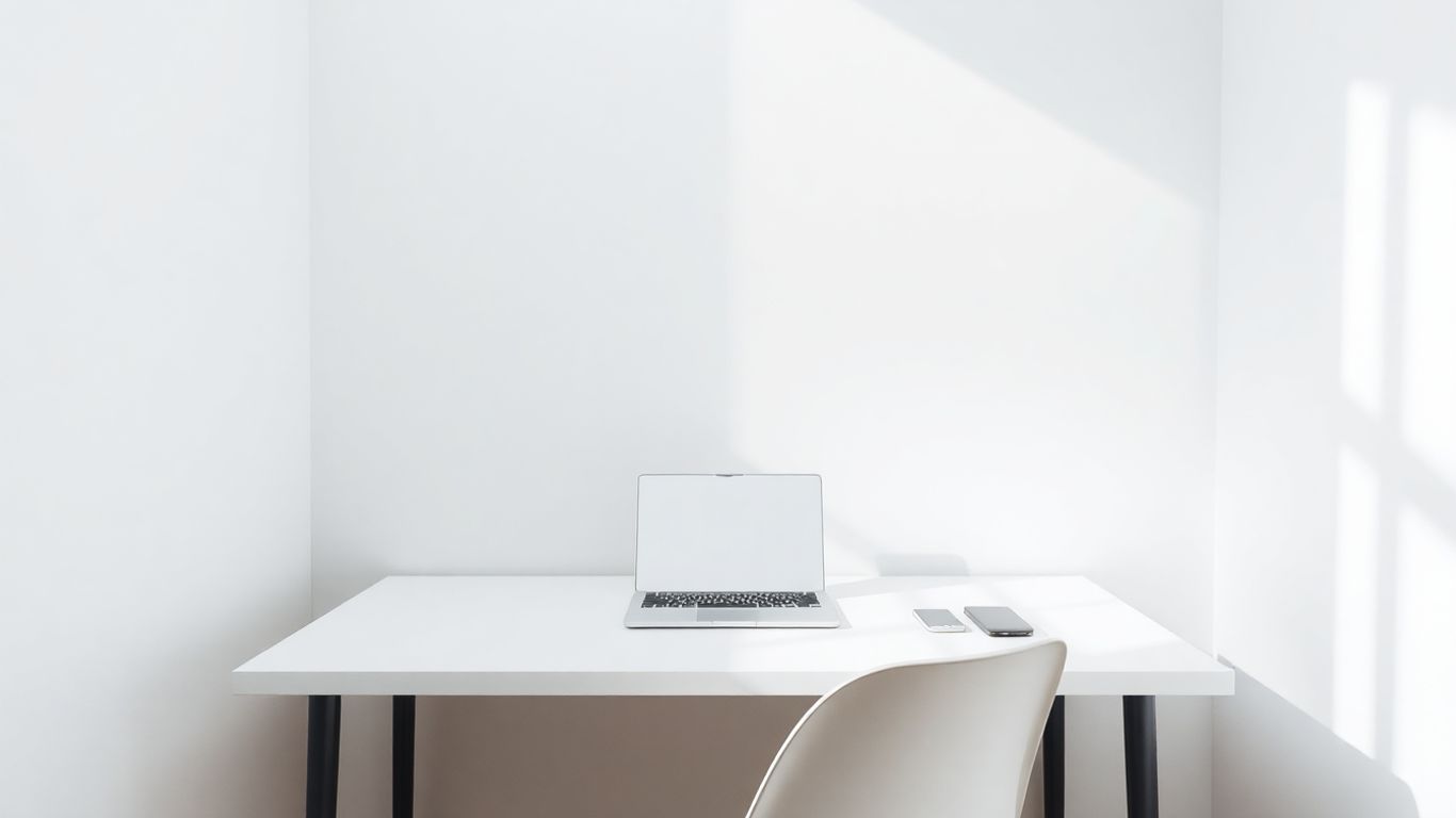 Minimalist desk with laptop and natural light.