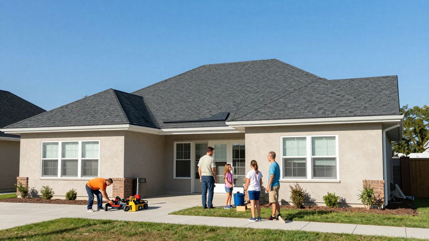 House with new roof, happy family, minimal disruption.