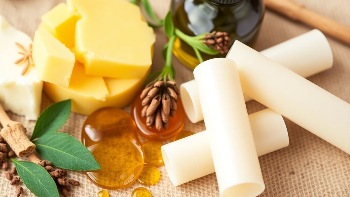 Natürliche Lippenbalsam-Zutaten und leere Tuben.