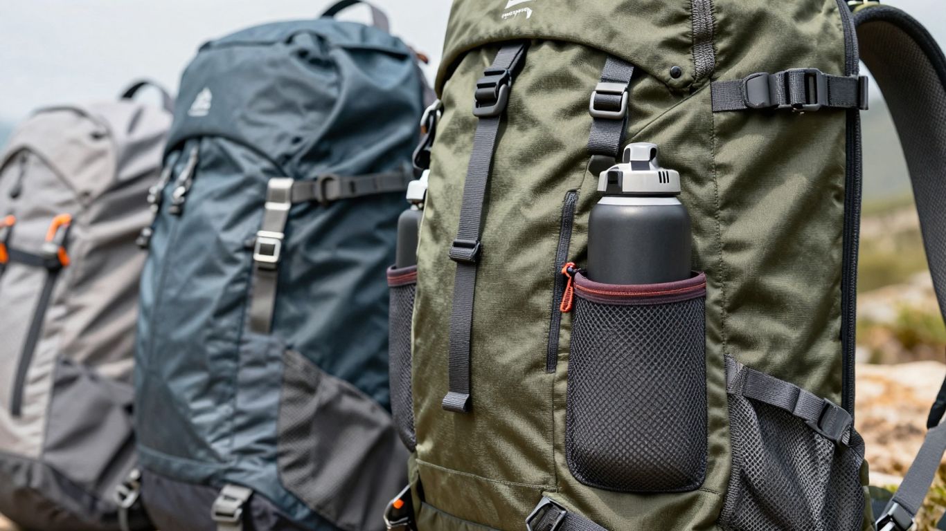 Backpacks with various water bottle pocket designs.