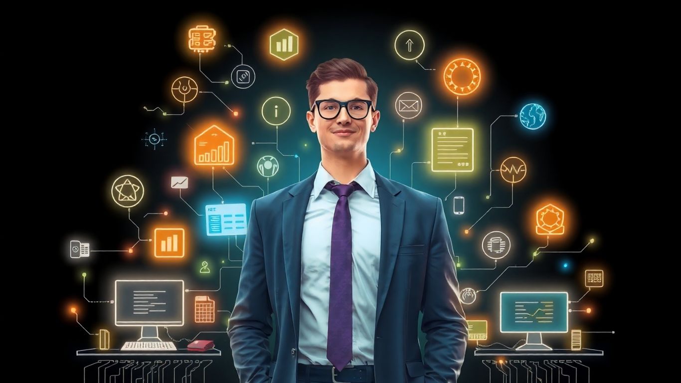 IT support technician with computer icons.