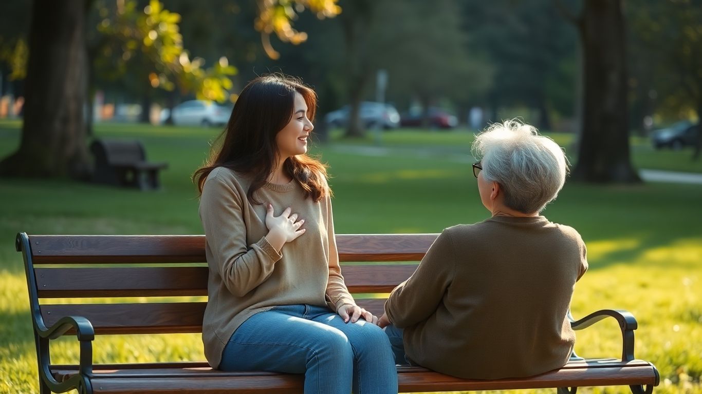 Friends sharing feelings on a park bench.