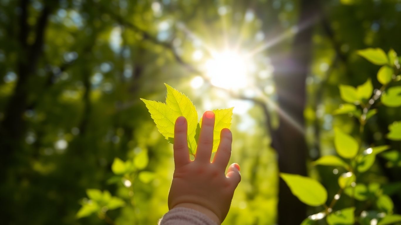 Copilul explorează natura, atingând o frunză verde.