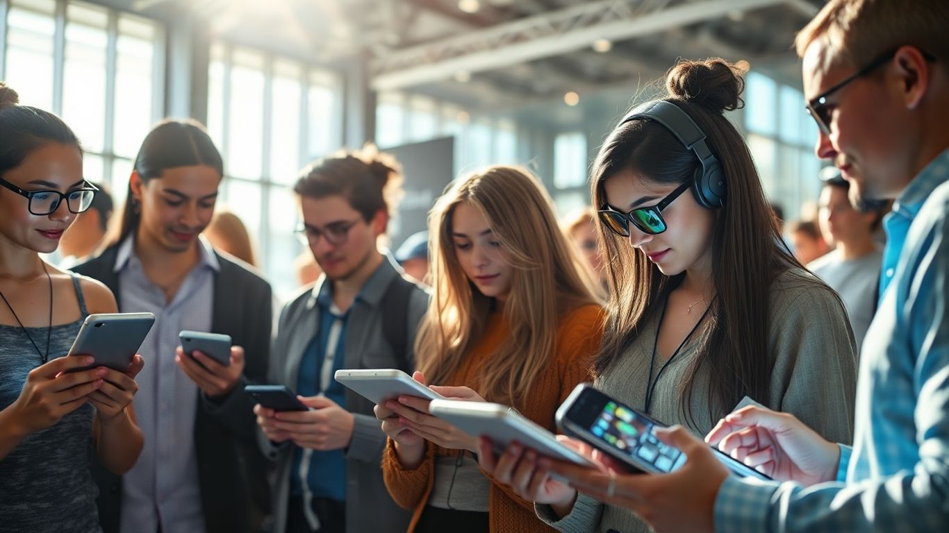 People interacting with futuristic technology