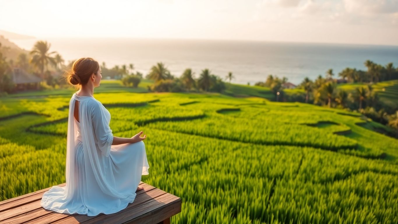 Woman meditating in serene Balinese landscape
