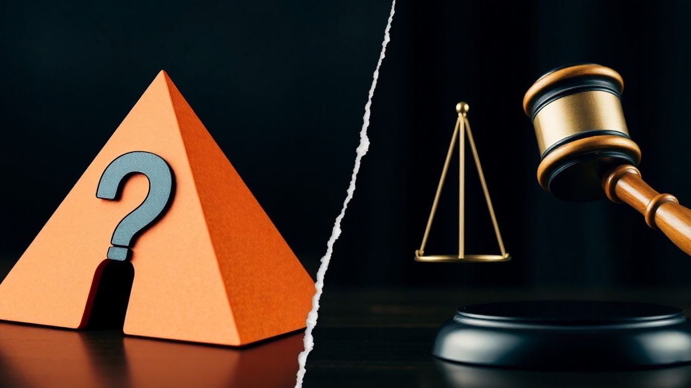 Pyramid scheme concept with legal scales and gavel.