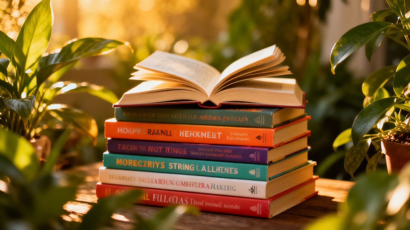 Stack of self-help books with plants and warm lighting.