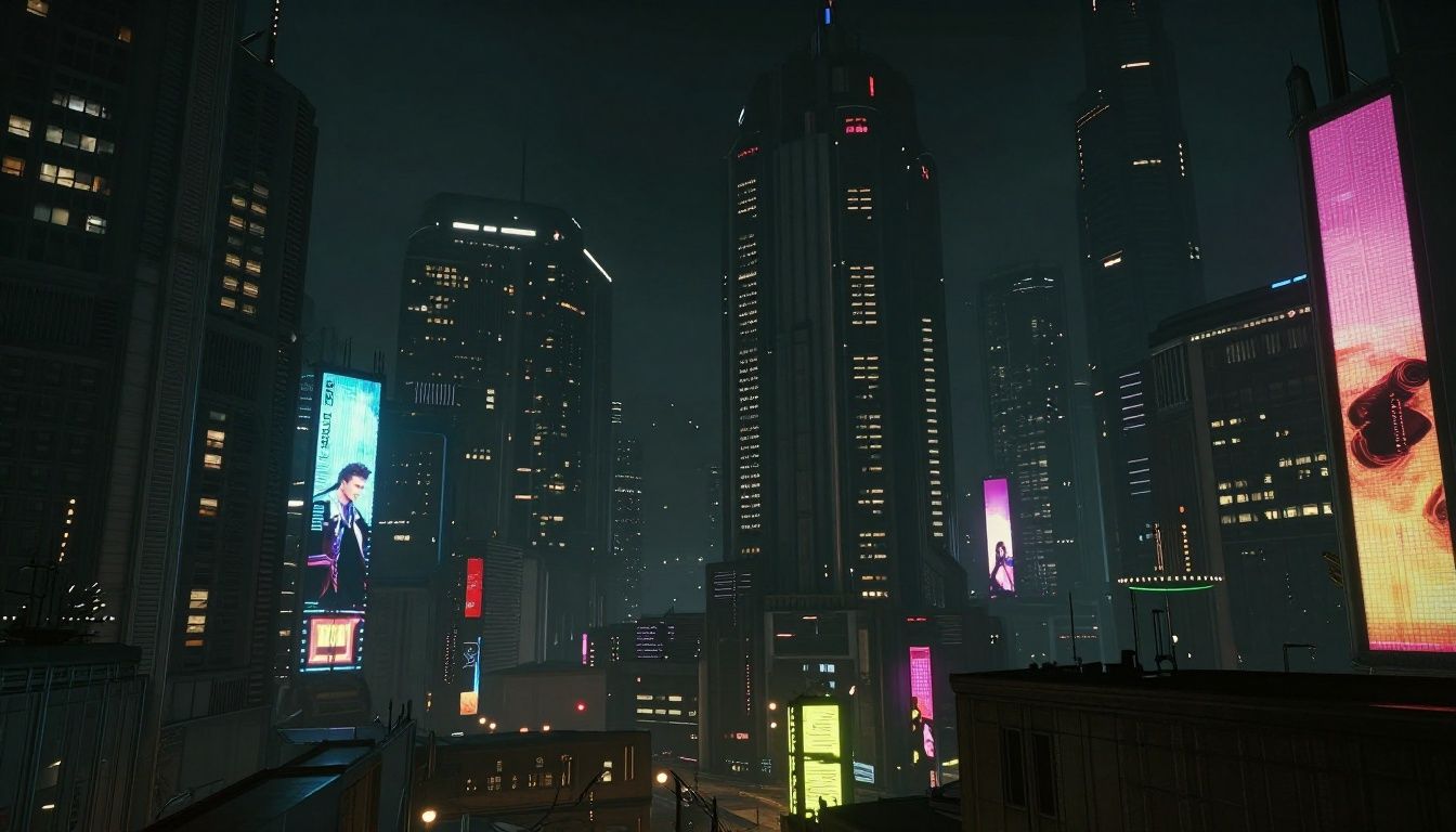 Vista noturna da cidade futurista de Cyberpunk 2077, com letreiros de néon e atmosfera vibrante